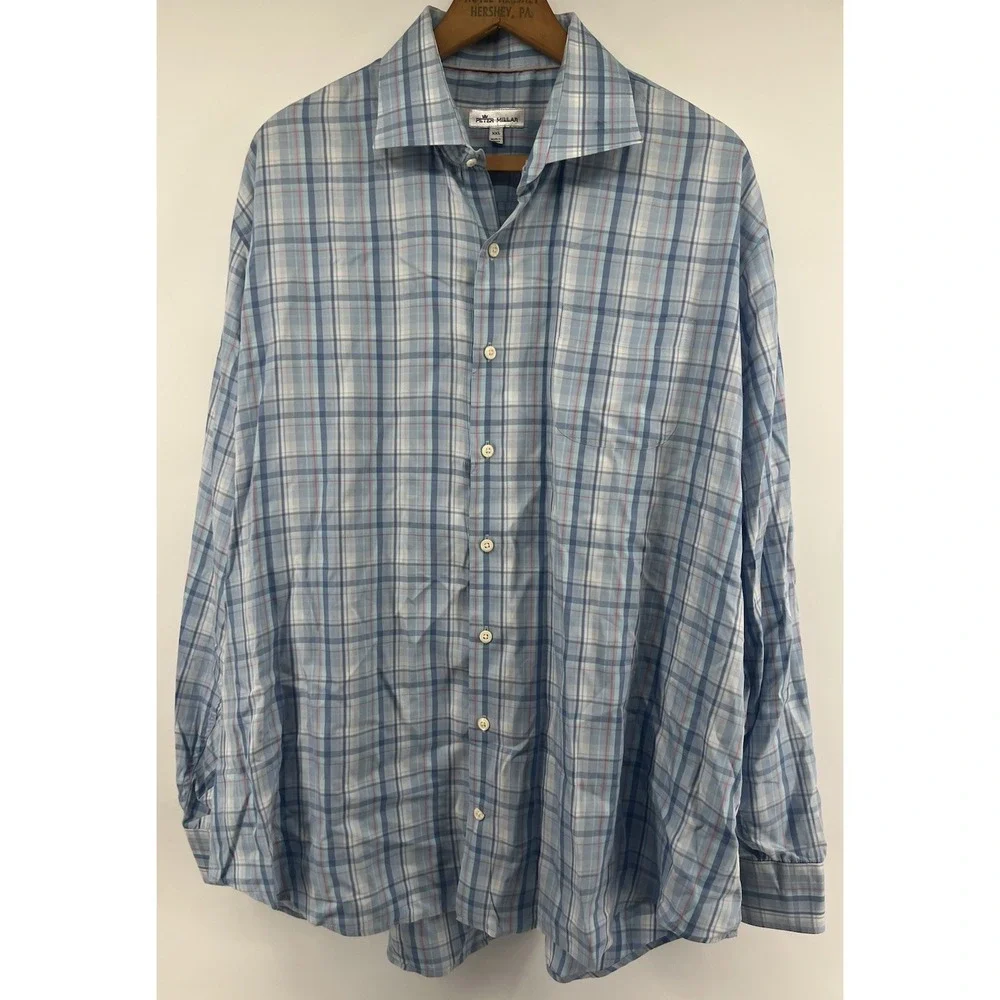Peter Millar XXL Cotton Silk Blend Button Front Shirt Plaid Long Sleeved Blue